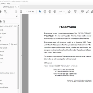 TOYOTA Forklift 7FGU35-80 7FDU35-80 & 7FGCU35-70 Repair Manual PDF