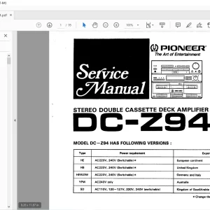 Pioneer DC-Z94 STEREO DOUBLE CASSETTE DECK AMPLIFIER Service Manual - PDF DOWNLOAD