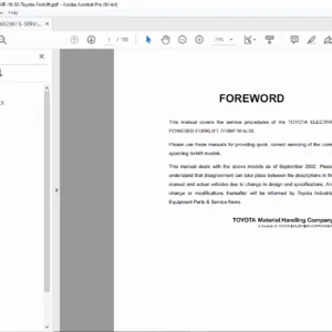 Toyota 7FBMF16–50 Electric Forklift Service Manual (Sep 2002) – PDF