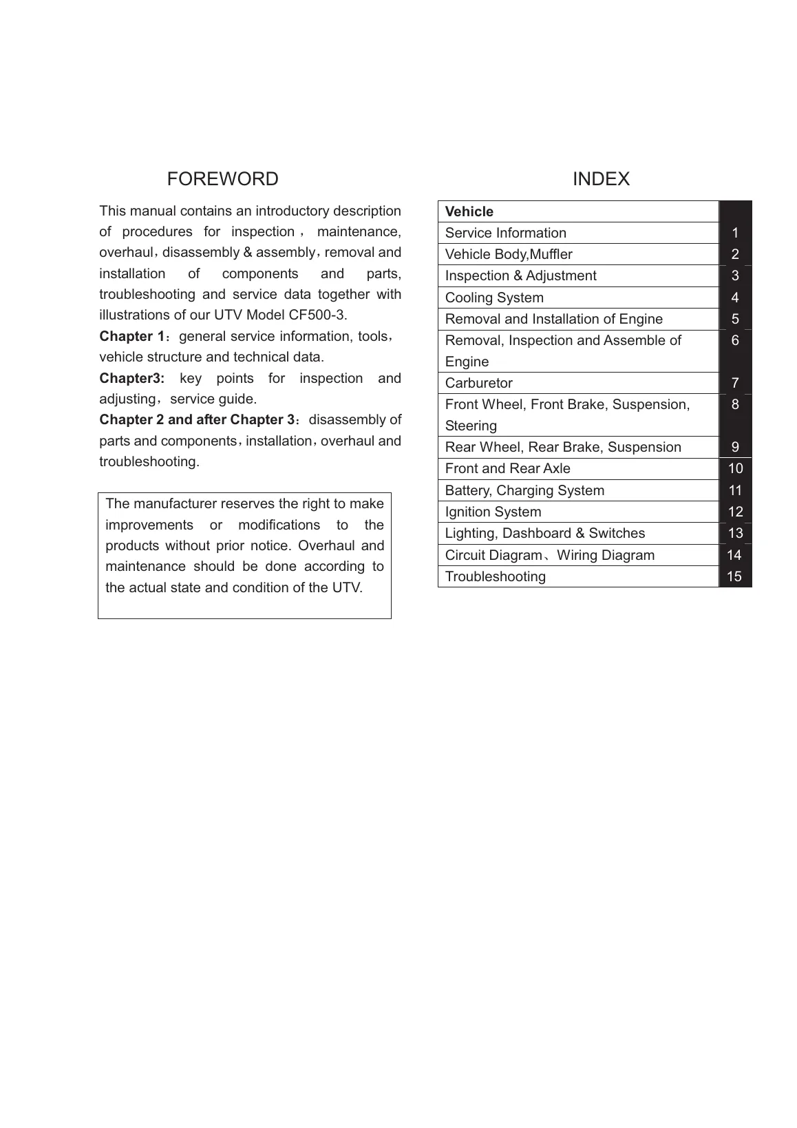 CFMOTO CF500-3 UTV Technical Service Manual PDF Download sample page page 2