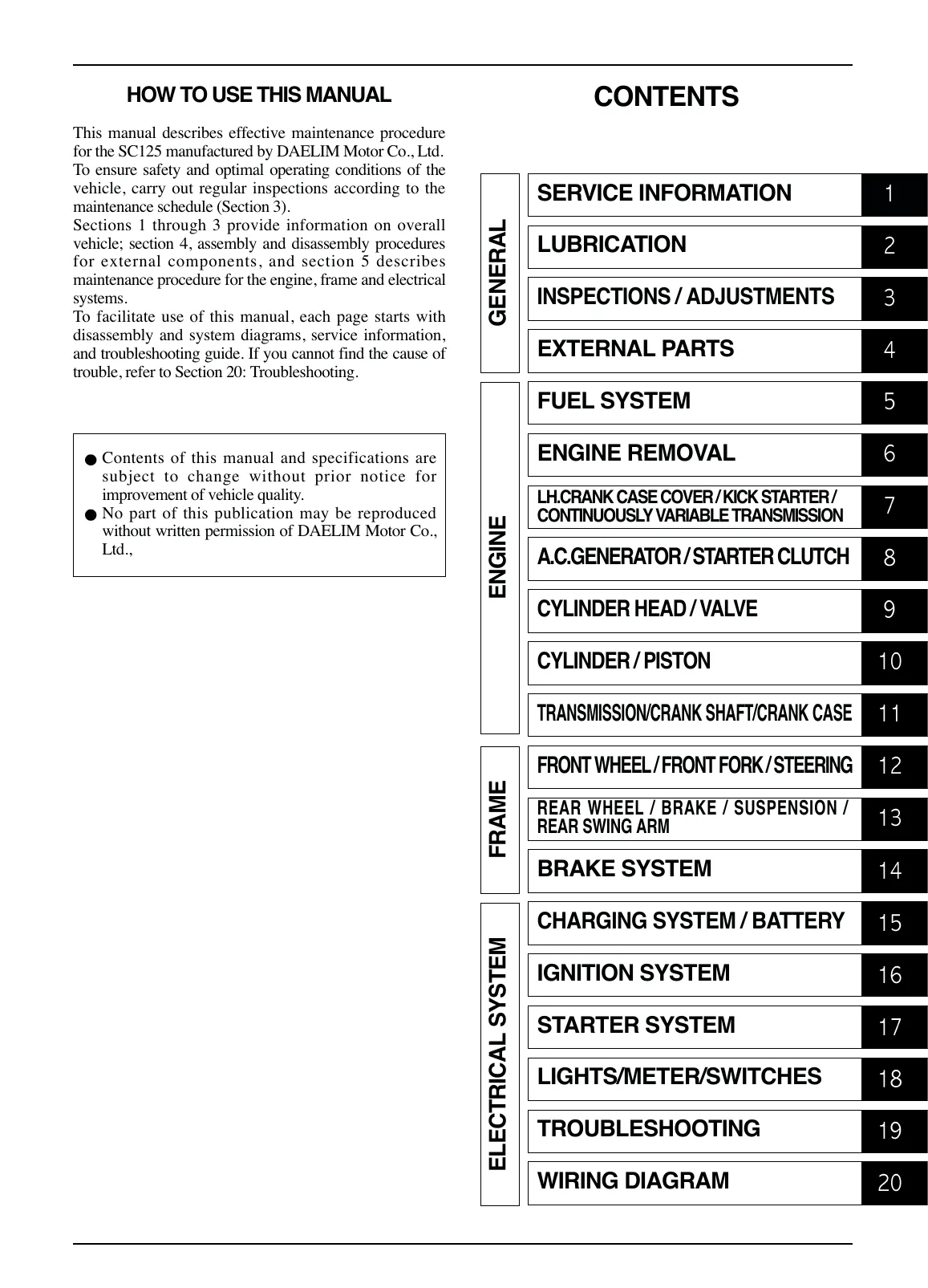 Daelim SC125 Besbi Scooter Service Manual PDF Download sample page page 2