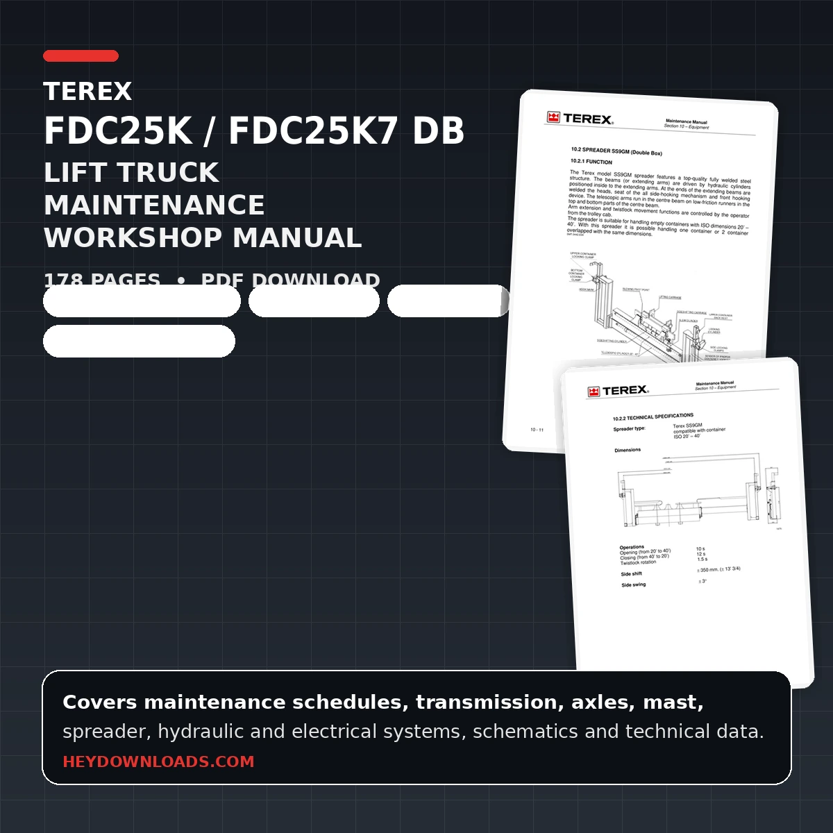 Terex FDC25K FDC25K7 DB Lift Truck Maintenance Workshop Manual with SS9GM Double Box Spreader – PDF DOWNLOAD