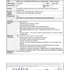 Varian Millennium MLC & HD120 MLC Periodic Maintenance Inspection PMI Procedure CTB ML-422 PDF Download