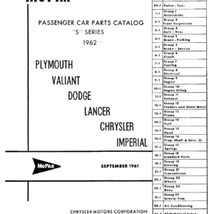 1962 Mopar S Series Plymouth Valiant Dodge Lancer Chrysler Imperial Passenger Car Parts Catalog