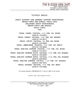 1992 Chevrolet CUCV M1008 M1009 M1010 M1028 M1031 Repair Parts Manual TM 9-2320-289-34P