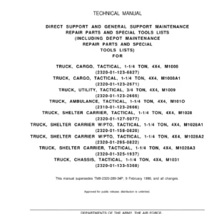 1992 Chevrolet CUCV M1008 M1009 M1010 M1028 M1031 Repair Parts Manual TM 9-2320-289-34P
