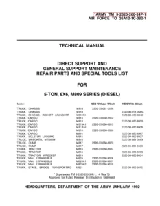 1992 M809 Series 5-Ton 6x6 Diesel Truck Repair Parts & Special Tools Manual Volume 1 - TM 9-2320-260-34P-1