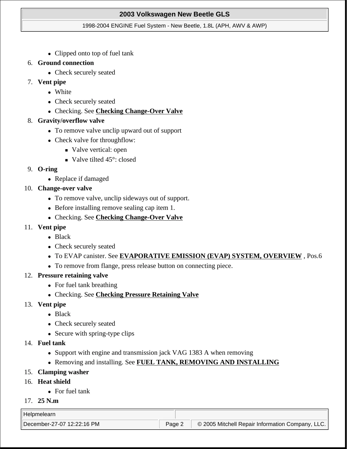 1998-2010 Volkswagen New Beetle 1.9L & 2.0L Fuel System Factory Repair Manual - PDF - Image 2