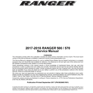 2017-2018 Polaris Ranger 500 / 570 Service Manual 9928485 R01 PDF