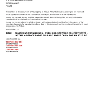 Airbus A318 A319 A320 A321 Service Bulletin A320-25-1CLH - Airspace Large Bins & Cabin Adaptation Manual