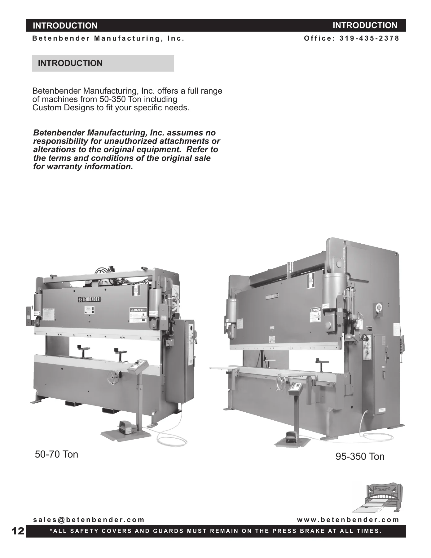 Betenbender Press Brake Operators Manual & Parts Catalog - 50 to 350 Ton Hydraulic Press Brakes - Image 2
