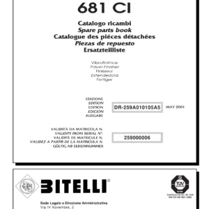 Bitelli BB 681 CI Paver Finisher Spare Parts Book PDF (DR-259A010105A5, 2001)