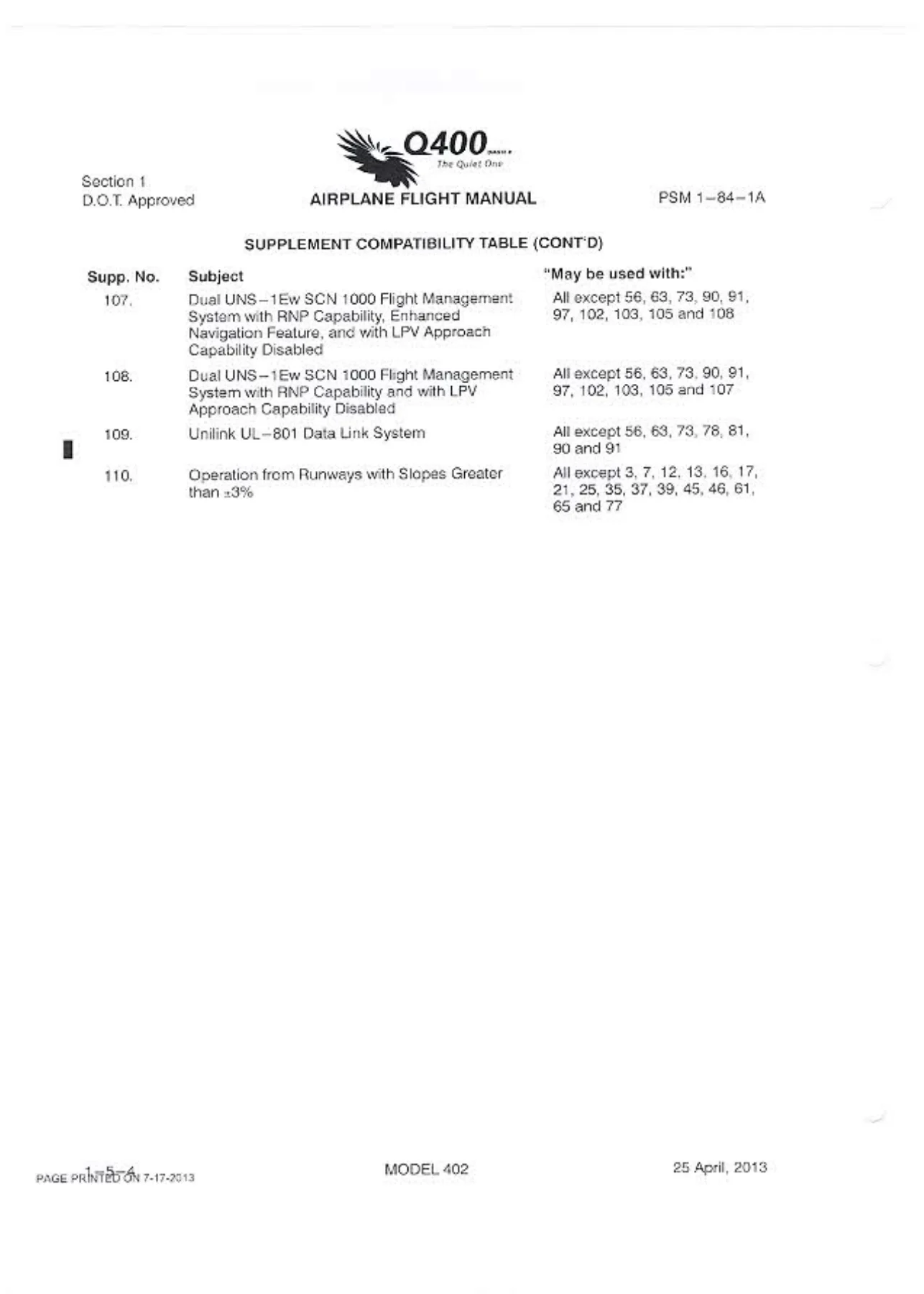 Bombardier Q400 Dash 8 Model 402 Airplane Flight Manual PSM 1-84-1A - Image 2