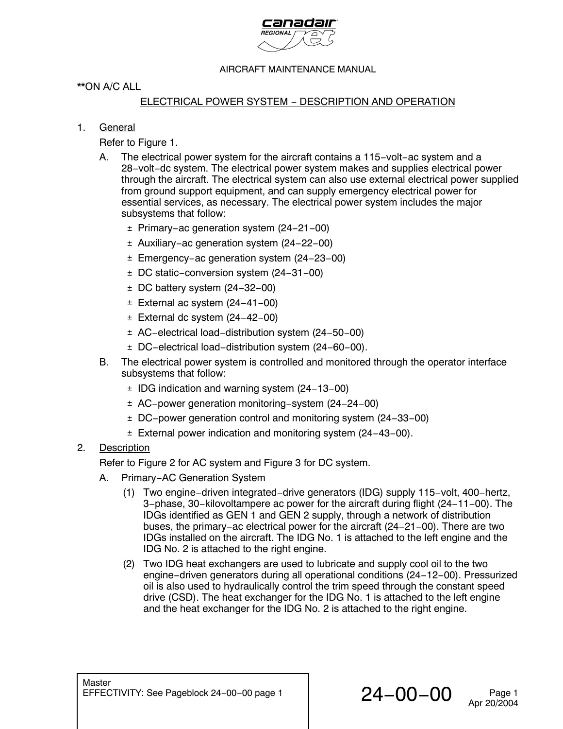 Canadair Regional Jet AMM Chapter 24 Electrical Power System Manual 2005 - Image 2