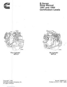 Cummins B Series 4BT3.9 6BT5.9 Shop Manual 1991 & 1994 Certification Levels PDF