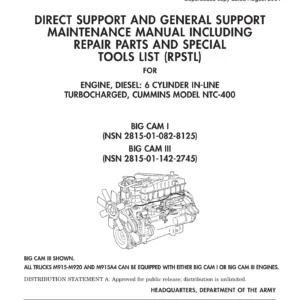 Cummins NTC-400 Big Cam I & Big Cam III Diesel Engine Maintenance and Parts Manual TM 9-2815-225-34P