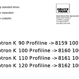 Deutz-Fahr Agrotron K90 K100 K110 K120 Profiline Workshop Standard Times Manual - PDF