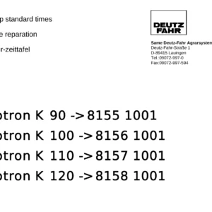 Deutz-Fahr Agrotron K90 K100 K110 K120 Workshop Standard Times Manual - PDF Download