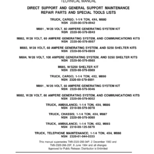 Dodge M880 Series 1-1/4 Ton Truck Repair Parts and Special Tools List Manual TM 9-2320-266-24P