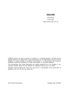 Doosan DX210W Wheel Excavator Shop Manual - K1017314AE - Serial 5001-Up
