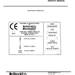 Driltech Mission D25KS D245S Blast Hole Drill Service Manual - Serial 732230 & Up