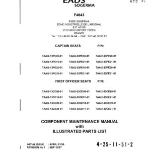 EADS SOGERMA TAAI2 Seat CMM 25-11-37 - Captain & First Officer Component Maintenance Manual with IPL
