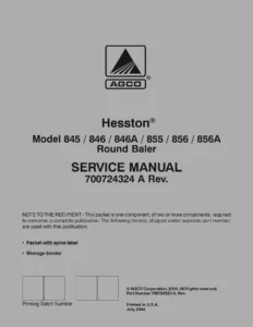 Hesston 845 846 846A 855 856 856A Round Baler Service Manual - PDF Download