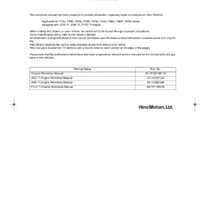 Hino Chassis Workshop Manual Vol 2 Euro 2 – FC9J FD8J GD8J FG8J GH8J FL8J FM8J FM2P SG8J Repair Manual PDF