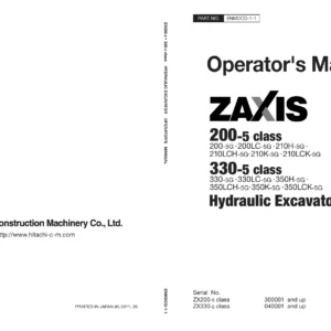 Hitachi ZX200-5 ZX330-5 Class Hydraulic Excavator Operator Manual