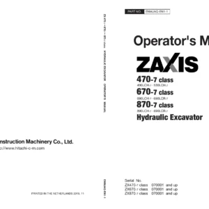 Hitachi ZX470-7 ZX670-7 ZX870-7 Hydraulic Excavator Operator's Manual - ENMJAQ-EN1-1