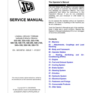 JCB Loadall 533-105 to 550-170 Service Manual 9813/8750-1 July 2017 PDF