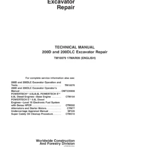 John Deere 200D and 200DLC Excavator Repair Technical Manual TM10079