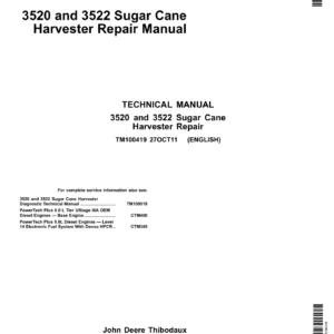 John Deere 3520 3522 Sugar Cane Harvester Repair Technical Manual TM100419