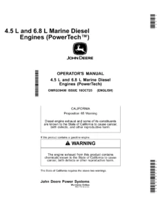 John Deere 4.5L & 6.8L Marine Diesel Engines PowerTech Operator's Manual OMRG39400