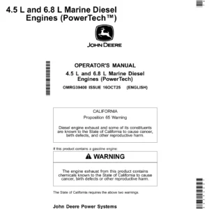 John Deere 4.5L & 6.8L Marine Diesel Engines PowerTech Operator's Manual OMRG39400