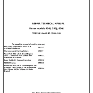 John Deere 450J 550J 650J Crawler Dozer Repair Technical Manual TM2258 PDF