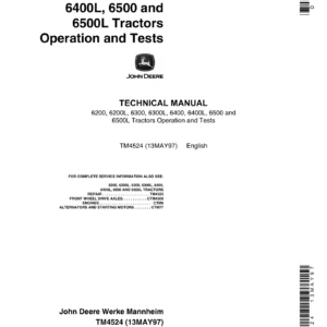 John Deere 6200 6300 6400 6500 and L Tractors Operation and Tests Technical Manual TM4524