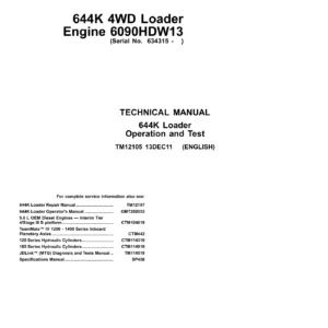 John Deere 644K 4WD Loader Operation and Test Technical Manual TM12105