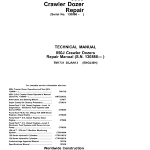 John Deere 850J Crawler Dozer Repair Manual TM1731 (S.N. 130886-) - PDF