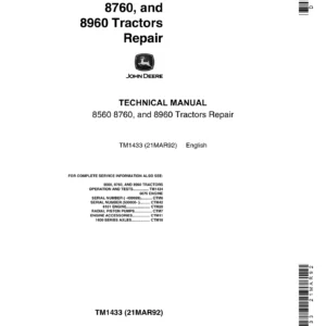 John Deere 8560 8760 8960 Tractor Repair Technical Manual TM1433 PDF