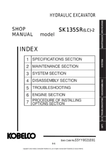 Kobelco SK135SR-2 SK135SRLC-2 Shop Manual S5YY0021E01 Hydraulic Excavator Service Guide