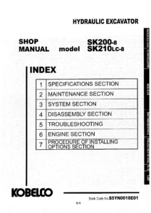 Kobelco SK200-8 SK210LC-8 Hydraulic Excavator Shop Manual S5YN0018E01