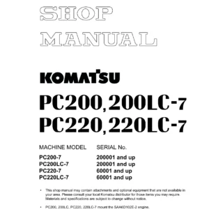 Komatsu PC200-7 PC200LC-7 PC220-7 PC220LC-7 Excavator Shop Manual - Testing & Adjusting Troubleshooting PDF