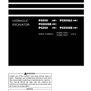 Komatsu PC800-8R1 PC800SE-8R1 PC800LC-8R1 PC850-8R1 PC850SE-8R1 Hydraulic Excavator Operation & Maintenance Manual