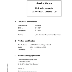 Liebherr A 309 R 317 Litronic TCD Hydraulic Excavator Service Manual