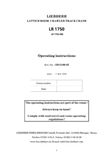 Liebherr LR 1750 Lattice Boom Crawler Crane Operating Instructions Manual 12812-09-02 - PDF