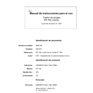 Liebherr PR 752 Litronic Manual de Instrucciones - Tractor de Orugas PDF (N° 9084186, Edición 2004)