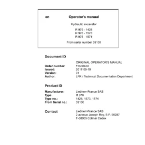 Liebherr R 976 Litronic Crawler Excavator Operator's Manual - Types 1428, 1573, 1574 (2017)