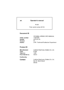 Liebherr R920 Crawler Excavator Operator's Manual - From S/N 40104