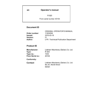 Liebherr R920 Crawler Excavator Operator's Manual - From S/N 40104